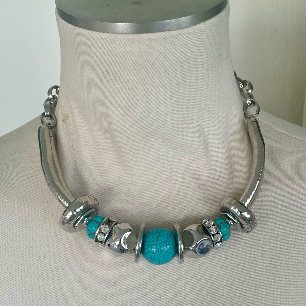 Turquoise and Silver Necklace with Crystal Accents